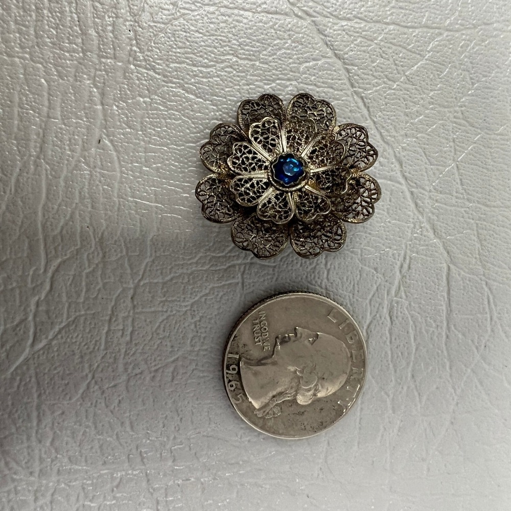 Antique Silver Tone Flower Brooch Open Metal Blue‎ Stone Center Pin